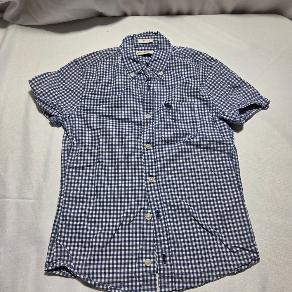 Abercrombie Kids Boys Muscle Fit Gingham Button Down Shirt Blue White Small S
